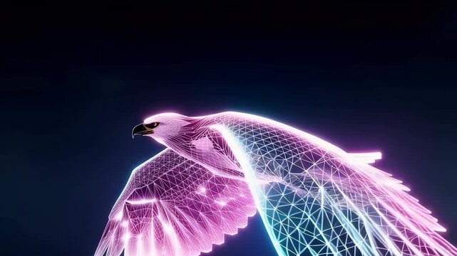 Neon wireframe eagle gliding through dark space with glowing cyan and magenta wings