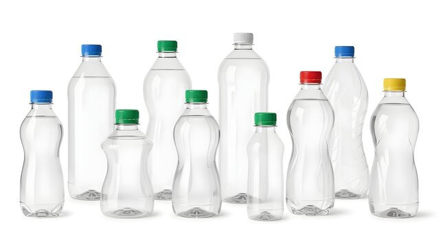 Reihe verschiedener leerer Plastikflaschen isoliert
