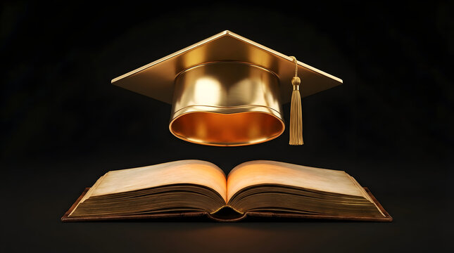Golden graduation cap floating above open book for education success concept