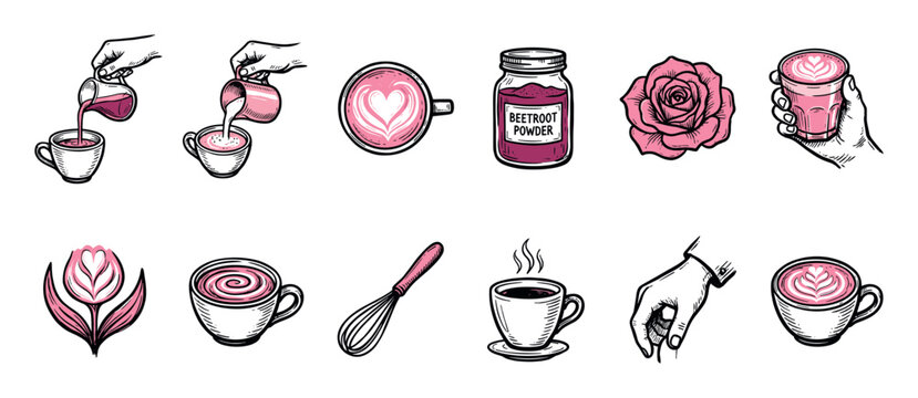 Set of hand-drawn pink beetroot latte illustrations showing the process of making the trendy drink with latte art, a whisk, and powder jar, isolated on a white background