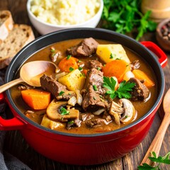 Boeuf Bourguignon or beef Burgundy, is a French stew. A hearty beef stew, served in a cast‑iron pot, filled with tender chunks of beef, carrots, mushrooms, and onions, all simmered in a rich broth.