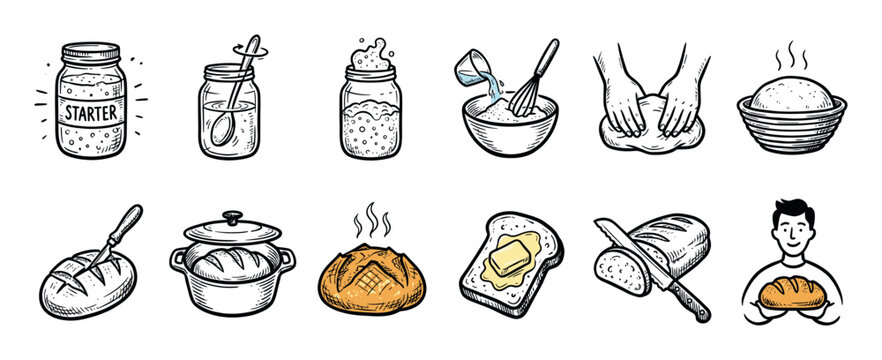 Hand-drawn sourdough bread making process icon set illustrating the steps from starter to finished loaf, showing kneading, proofing, and baking in a sketch style isolated on white