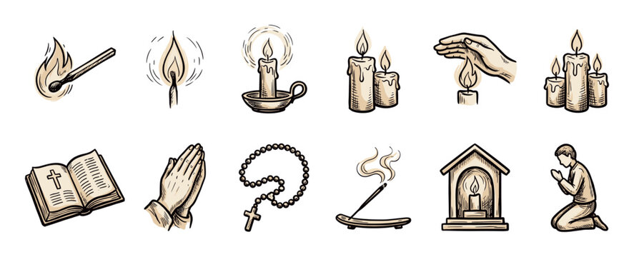 Set of hand-drawn religious icons including a bible, praying hands, rosary, and candles in a vintage sketch style isolated on a white background