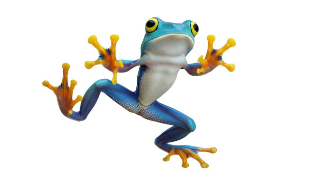 Isolated frog with yellow toes in action pose against neutral backdrop, amphibian animal