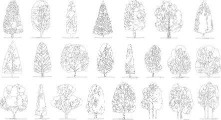 Collection of twenty one black and white line deciduous and coniferous trees nature plant plants © Pixel Park
