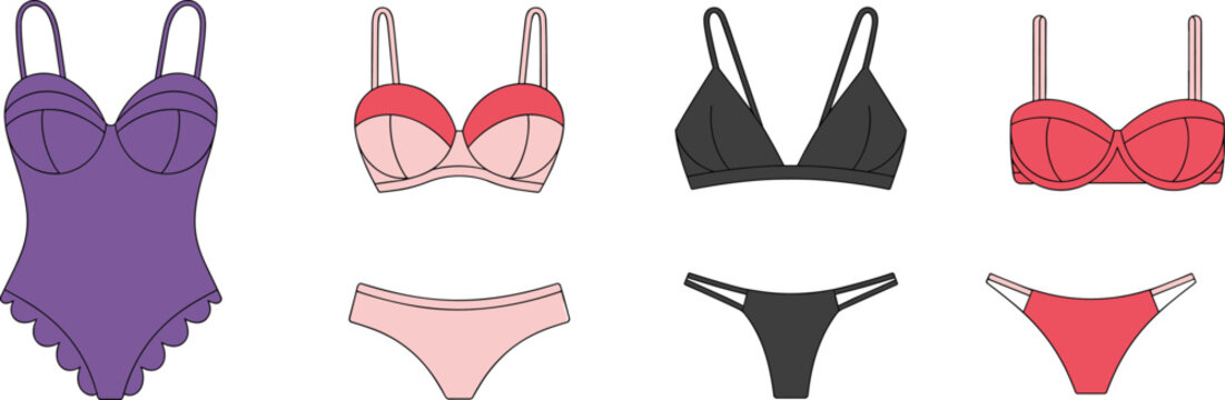 Collection of colorful lingerie and swimwear flat sketches on white background bikini panties