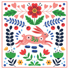 A colorful illustration of a rabbit surrounded by flowers and leaves