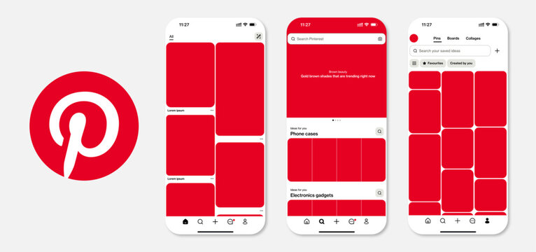 mockup of the Pinterest mobile application interface on smartphone screens, featuring the Home, Search, and Profile tabs. Light mode.