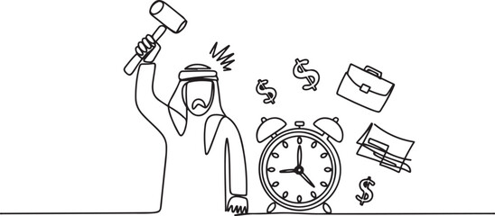 Single one line drawing Arab businessman preparing to hit big alarm clock. Can't manage time well. Many business opportunities disappear. Angry businessman. one line Icon drawing © MofajjolHossen