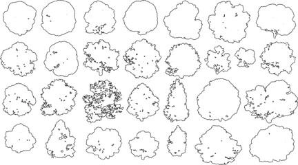 Collection of black and white outline of various tree canopies seen from above canopy silhouette view © Pixel Park