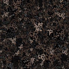 Vector Illustration Y2k Seamless pattern of dark earth-toned digital pixels. Abstract data swarm for IT, crypto mining, and big data.