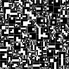 Vector Illustration Y2k Seamless pattern of chaotic black and white glitch maze with distorted circuit-like symbols runes and fragmented binary forms creating turbulent digital depth evoking encrypted