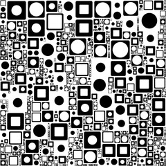 Vector Illustration Y2k Seamless pattern of chaotic monochrome collage packed with overlapping black and white circles squares and rectangles in varying sizes 