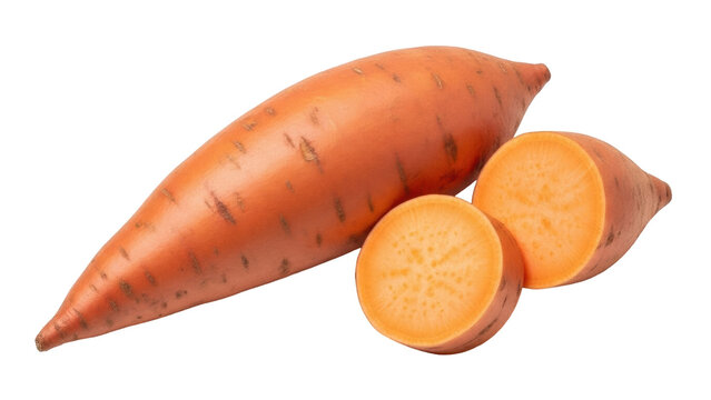 Isolated Sweet Potato on Plain Backdrop, Halved and Whole Root Vegetable for Cooking and Baking
