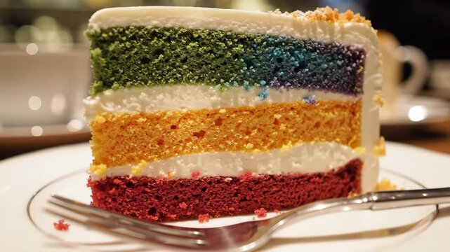 Vibrant rainbow layer cake with fork in cozy caf&eacute; setting