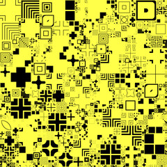 Vector Illustration Y2k Seamless pattern of black abstract symbols on yellow. Generative data logic for fintech, crypto, and IT science.