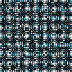 Vector Illustration Y2k Seamless pattern of dense pixelated mosaic in deep blue cyan turquoise shades with scattered white and black squares creating glitchy digital depth, evoking big data streams 