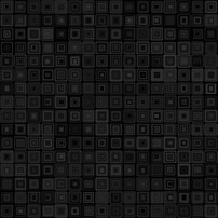 Vector Illustration Y2k Seamless pattern of intricate overlapping black squares in layered grid with subtle depth shading and minimal highlights, evoking encrypted data matrices, fintech blockchain 