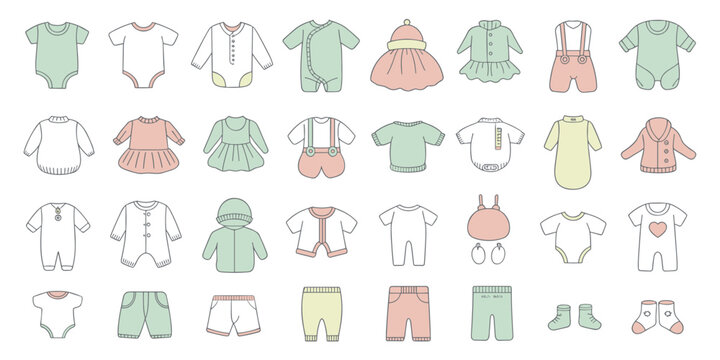 Collection of hand-drawn baby clothes and accessories in pastel colors infant wear children's clothing