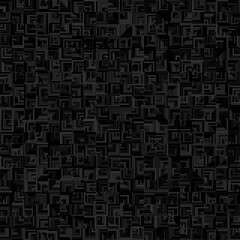 Seamless vector pattern of a complex dark gray and black geometric maze. Intricate abstract texture featuring overlapping angular paths and square modules in low-contrast tones.