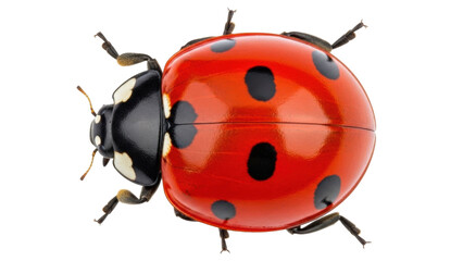 Isolated Ladybug or Ladybird Beetle, a shiny red insect with black spots on wing, view from above © Anneliese
