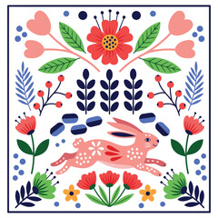 A colorful illustration of a pink rabbit surrounded by vibrant flowers and leaves