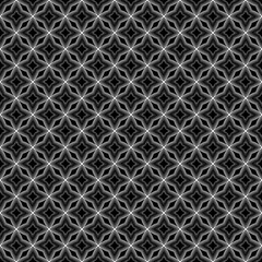 Vector Illustration Y2k Seamless pattern featuring intricate white geometric shapes on black background, evoking data flows in fintech and AI analytics, with abstract loops symbolizing big data 