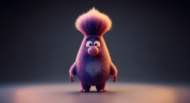 Purple furry monster with pink nose and tall spiky hair. Adorable 3D creature for kids brand. Small mascot character looking curious in a warm studio glow