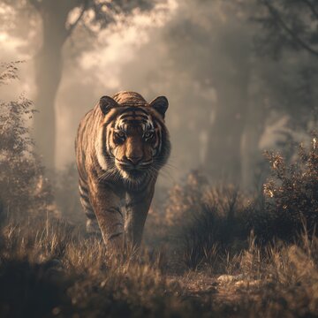 Bengal tiger wildlife wallpaper in foggy forest photo
