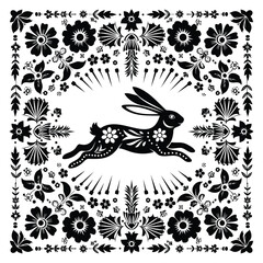A black and white illustration of a rabbit surrounded by flowers