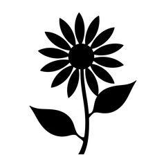 A delicate black and white illustration of a sunflower with leaves