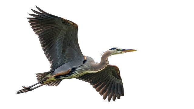 Isolated Great Blue Heron soaring gracefully midair, a striking symbol of freedom and wildlife