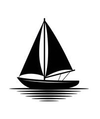 A sleek black and white sailboat gliding on a calm body of water with gentle ripples