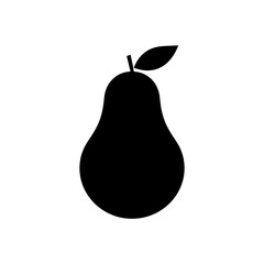 A black and white illustration of a pear with a single leaf on top