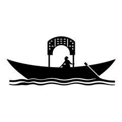 A lone figure rows a gondola through calm waters under a stone bridge.