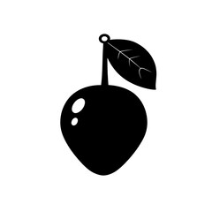 A single, black and white illustration of a plum with a leaf attached