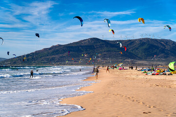 Kitesurfers on beach in Tarifa, holidays in Spain, Andalusia. © Tomasz