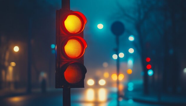 Traffic signal illuminated at night in fog showing red light with blurred city lights in the background