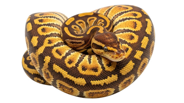 Isolated ball python coiled on a neutral surface with beautiful color and skin pattern