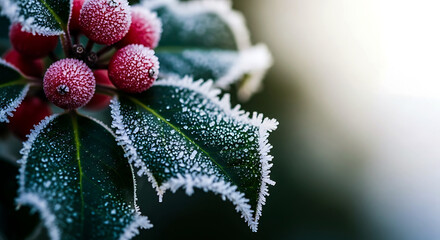 Frosty Holly Berries in Winter Wonderland with Soft Natural Lighting on Frozen Leaves for Christmas Decor