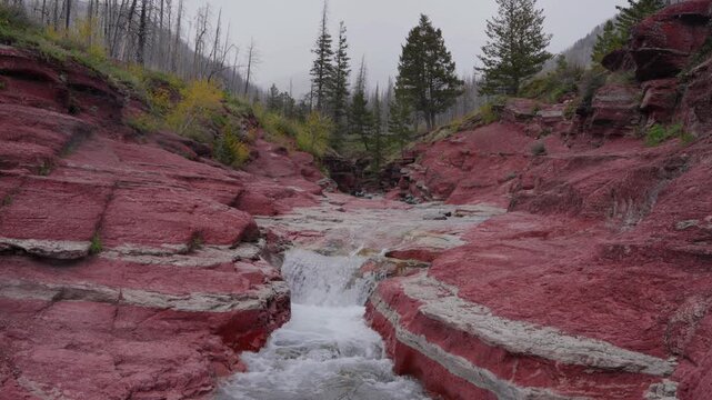 Red Rock Canyon waterfall flowing through argillite in Waterton Lakes National Park