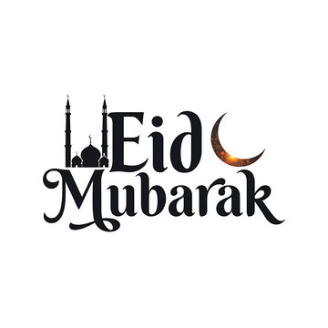 Eid mubarak greeting with mosque and crescent moon