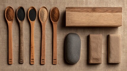 Wooden spoons holding different powders with an assortment of wooden and stone objects