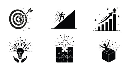 Obraz premium A collection of six black and white business icons depicting success, innovation, and progress in a minimalist flat design style, suitable for commercial use