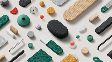 Assorted 3D rendered minimalist objects scattered on a pale background, isometric view