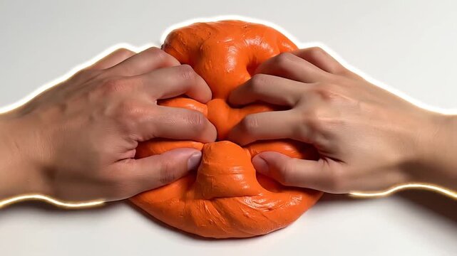 Adult hands squeezing vibrant orange sensory slime