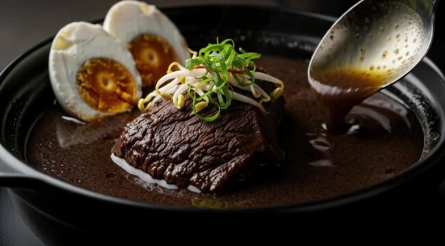 A dramatic close-up of a black bowl of Rawon (black nut stew). The dark broth is striking, with a large piece of beef, bean sprouts