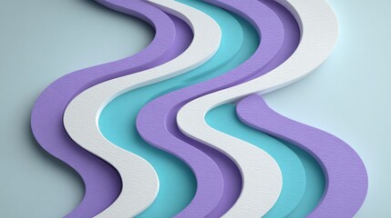 Wavy, layered abstract design, pastel shades of lilac, white, and teal on light blue background