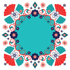 A vibrant floral design with colorful flowers and swirling patterns