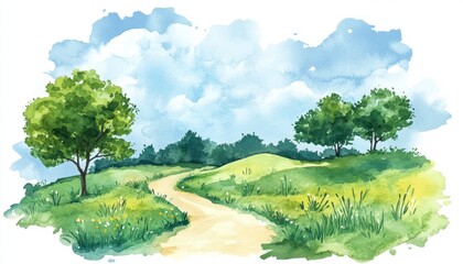 Serene landscape watercolor painting depicting lush greenery and a winding path under a bright sky with fluffy clouds